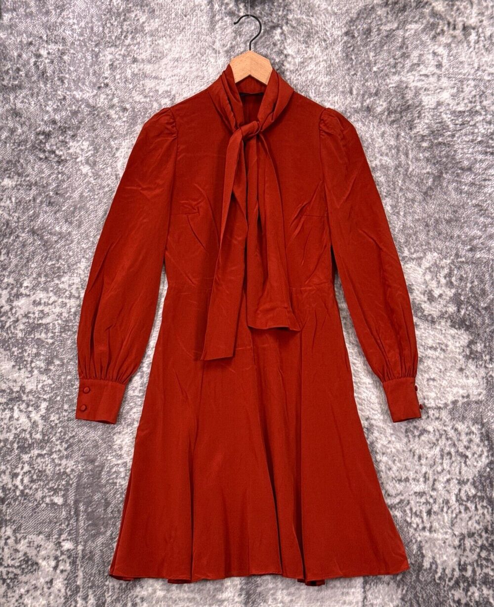 CO Collection Dress XS Womens Silk Burnt Orange Tie Neck Long Sleeve